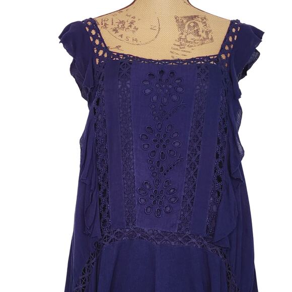 Free People Blue Eyelet Front w/Crochet Flutter Sleeves Flapper Dress M NWT - Picture 5 of 15